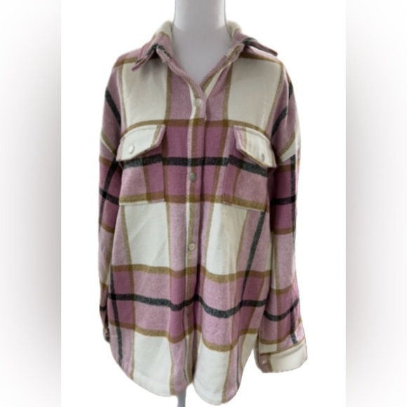BAILEY ROSE OVERSIDE PLAID Shacket PINK & CREAM– SIZE L - Picture 4 of 10